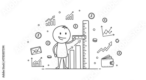 Conceptual illustration of a person measuring a financial chart with a ruler, symbolizing business growth, investment, and market analysis