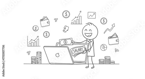 Illustration of a person happily receiving a salary, depicted with money, charts, a laptop, and a rising financial graph, symbolizing financial success and earnings