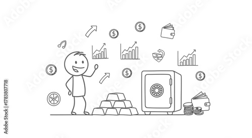 Financial Growth A Doodle Depiction of Investments, Savings, and Wealth Creation, Featuring a Cheerful Stick Figure, Gold Bars, a Safe, and Growing Charts