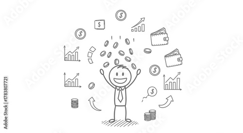 Happy businessman juggling money, coins, and financial symbols, representing business growth, wealth, and successful investments, in a black and white illustration