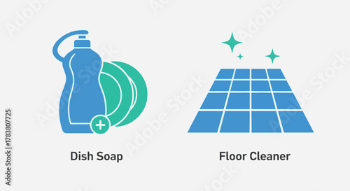 Vector illustration of set of icons representing dish soap and floor cleaner, symbolizing cleaning and household chores
