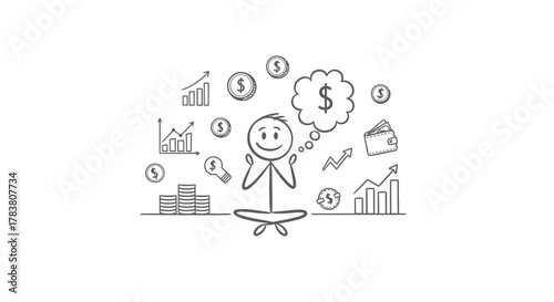 A minimalist illustration depicts financial meditation, where a stick figure envisions money-related symbols such as charts, coins, and a thought bubble with a dollar sign. A vision of wealth