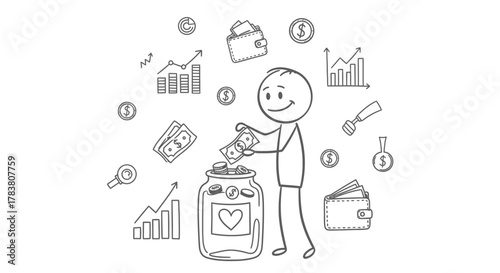 Saving for a Better Future Illustrated depiction of a stick figure investing money into a jar, surrounded by financial symbols, representing growth, wealth, and prosperity