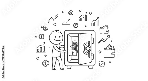 Secure Financial Planning A black and white illustration of a person opening a safe, symbolizing wealth, growth, and the importance of financial security and stability