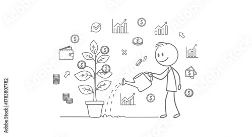 Financial growth concept A stick figure watering a money tree with coin icons, charts, and dollar signs, symbolizing investment and wealth