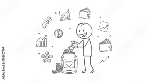 Financial Planning Icon Stick figure putting coins into a jar, surrounded by money-related icons, symbolizing savings and investments, budget