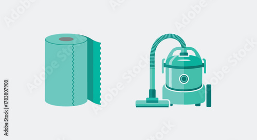 Vector illustration of a roll of paper towel and a vacuum cleaner, representing cleaning and household chores