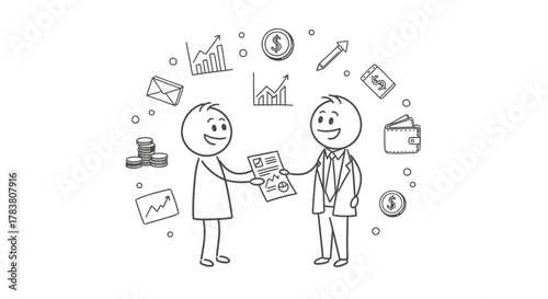 Illustrated depiction of two stick figures exchanging documents, surrounded by financial symbols, representing a business deal, agreement, or partnership, with focus on economics and transactions
