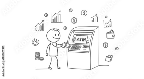Person using an ATM machine to withdraw cash, with financial charts, coins, and a wallet symbolizing financial transactions and banking