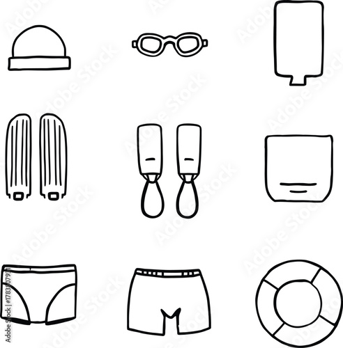 Black and White Swimming Gear Icon Grid Featuring Swim Cap, Goggles, Kickboard, Fins, Hand Paddles, Pull Buoy, Swimwear, and Life Preserver – Minimalist Aquatic Silhouettes