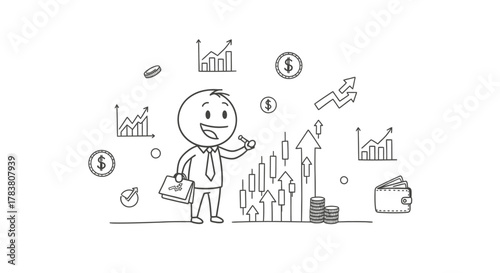 Financial Success Illustration A Stick Figure Investor Celebrating Growth Surrounded by Stock Charts, Money, and a Rising Trend Line, symbolizing prosperity and wealth