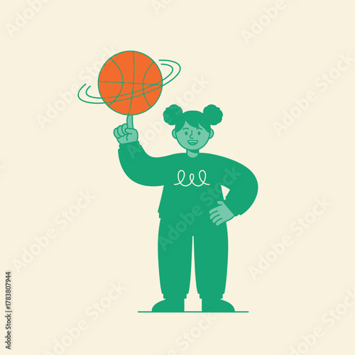 Girl spinning a basketball on her finger vector illustration in a flat design style isolated on a cream background transparent background