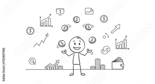 Stick figure juggling money and financial symbols, representing financial management, growth, investment, and economic stability with a focus on business and wealth