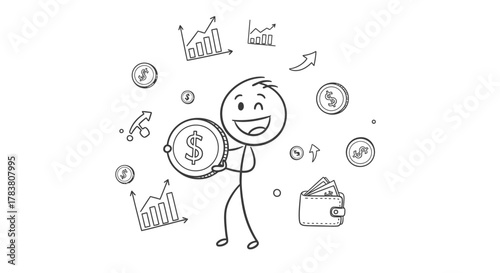 Financial Success Concept Cheerful Stick Figure with Dollar Coin, Surrounded by Growth Charts and Monetary Symbols, Illustrating Wealth and Investment