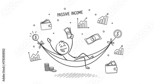Achieving Passive Income A Relaxed Approach. Visualize a Person on a Hammock with Money and Financial Icons, Representing the Pursuit of Financial Freedom and Growth