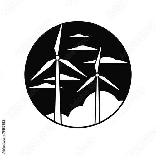 Two wind turbines vector illustration under cloudy sky with motion silhouette