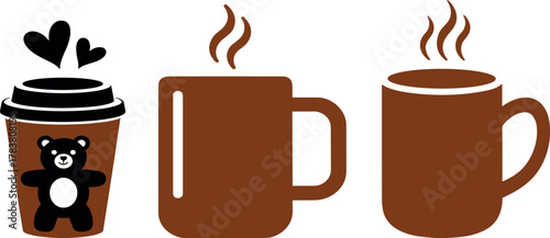 Cute Coffee Mug Bear Icon Set, Fun and Playful Hot Beverage Symbols for Cafe