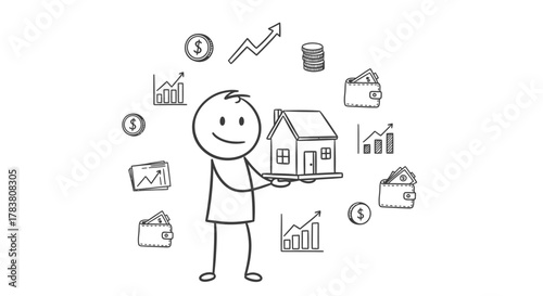 A stick figure holding a house surrounded by financial elements, depicting real estate investment, property value, and financial planning for homeownership with money signs and graphs