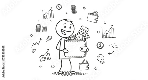 Illustration of a person holding a wallet overflowing with money, surrounded by financial growth symbols, depicting wealth and financial success