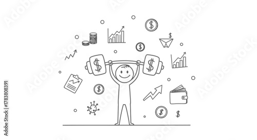 Illustration of a stick figure smiling and lifting weights, representing financial strength and success, surrounded by money symbols and graphs to depict growth