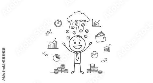 Successful man standing under a money cloud, receiving financial gains, managing investments, with charts and a wallet, concept of wealth and business growth