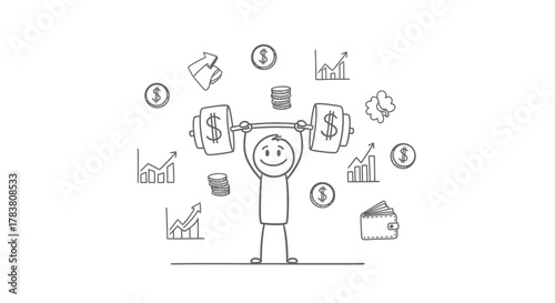 Financial Strength A stick figure joyfully lifts a barbell of money, surrounded by financial symbols, representing strong financial health and success in business