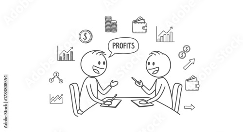Successful business partnership Two individuals discussing profits, illustrated with financial icons, representing growth and collaboration in the workplace