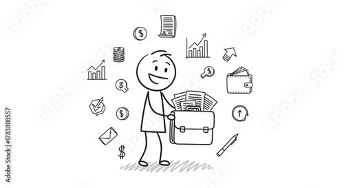Illustration of a person holding a briefcase filled with money, surrounded by financial icons representing investment, growth, and wealth accumulation for business success