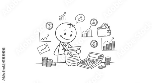 Illustration of a stick figure calculating finances with charts, coins, a wallet, and a calculator, emphasizing financial planning and economic concepts