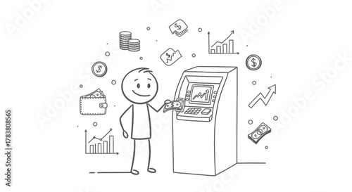 Cartoon illustration of a person using an ATM machine to withdraw money with financial symbols and charts floating around, financial concept