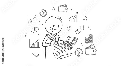 Line drawing of a person calculating finances using a calculator, surrounded by financial symbols such as charts, graphs, and money icons for business and economic concepts