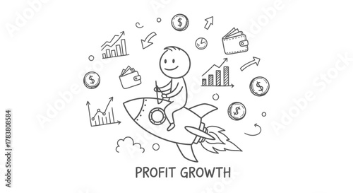 Profit growth concept illustration with a person riding a rocket, surrounded by financial elements like charts and money, symbolising financial success and business advancement