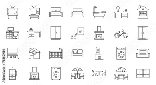 Vector illustration of collection of simple line art icons representing various furniture and household items, isolated on a