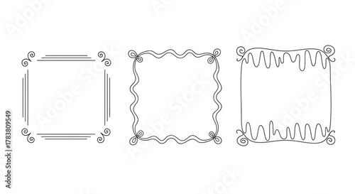 Vector illustration of three different handdrawn square frames with decorative elements