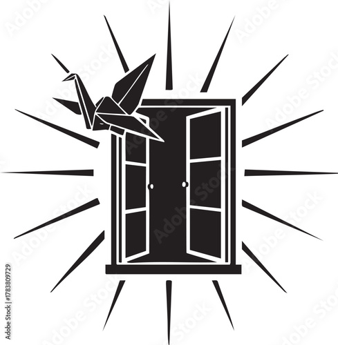 Freedom and New Opportunity: Origami Crane Flying Out of Open Window