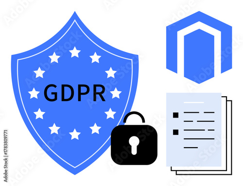 Blue GDPR shield with stars, padlock, documents, and security badge. Ideal for privacy, compliance, regulation, security data management legal concepts cybersecurity awareness. Simple flat