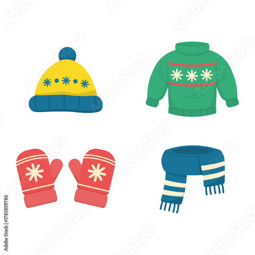 Bundle isolated illustrations of cute cartoon green winter sweater, winter hat, wool scarf and a pair of red winter gloves for winter clothing accessories templates, stickers and image elements