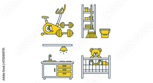 Vector illustration of collection of household items including exercise equipment, cleaning supplies, kitchen sink, and baby crib with teddy bear