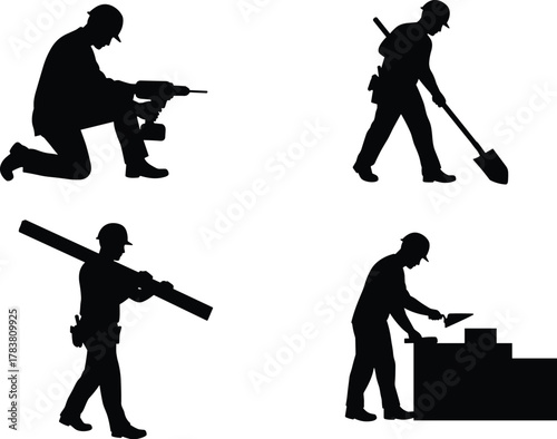 Construction workers performing different building tasks, drilling, digging, carrying wood, and laying bricks, industrial labor concept vector illustration for engineering design