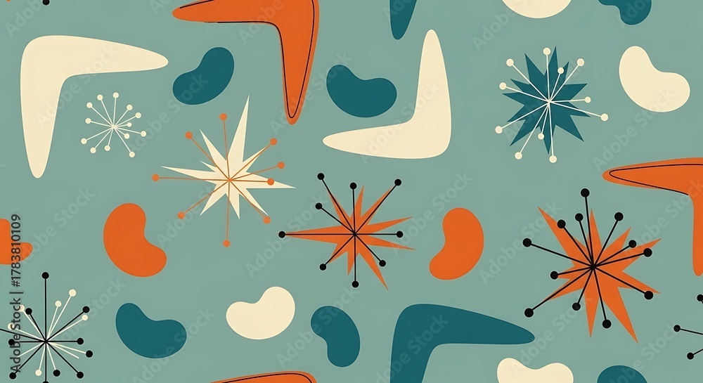 Fototapeta premium Retro Mid-Century Modern Pattern with Starbursts and Boomerangs