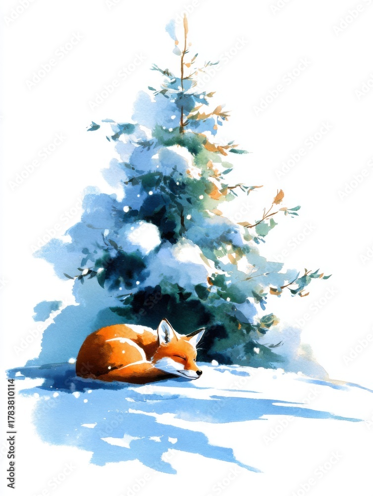 Fototapeta premium Watercolor illustration of fox sleeping in snow below the christmas tree.