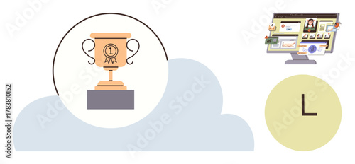 Trophy on a pedestal within a cloud, computer screen with profiles and documents, clock. Ideal for success, time management, digital workspace, goal setting, productivity, cloud services business