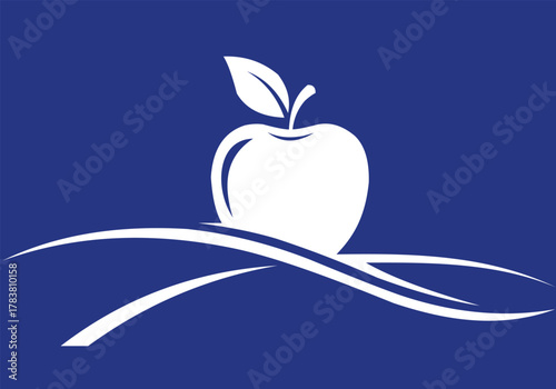 White apple logo with leaf on a blue background with abstract lines