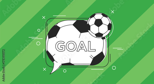 Vector illustration of a soccer ball and a speech bubble with the word goal inside, set against a green striped background, symbolizing a score in a game