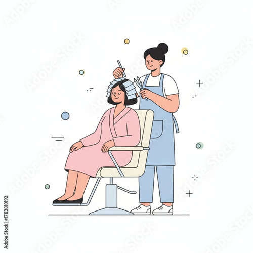 Woman Getting Haircut in Hair Salon with Stylist Illustration