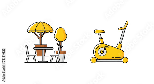 Vector illustration of yellow exercise bike and outdoor patio table with umbrella and chairs