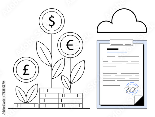 Plants with currency symbols, stacks of coins, and signed document symbolize investment, growth, currency exchange, financial planning, sustainability, cloud storage, simple flat metaphor