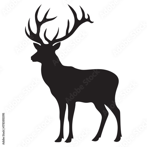 Deer with antlers black silhouette, Elegant deer animal vector, Standing deer wildlife design, Majestic stag silhouette, Forest deer outline art.