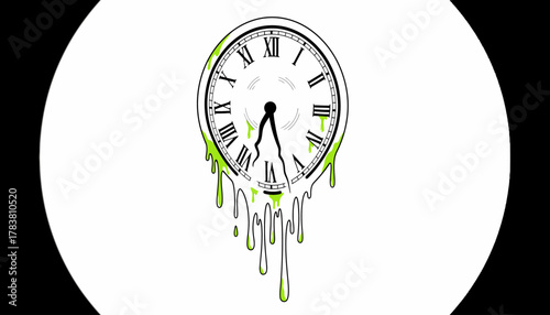 Surreal Melting Time Clock Icon with Neon Green Drips