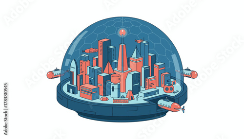 Isometric Retro-Futurism: Submarine City Inside a Protective Glass Dome Illustration